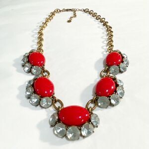 Stella & Dot Mae Gold Chain Necklace Red Beads & Light Blue Rhinestones Collar
